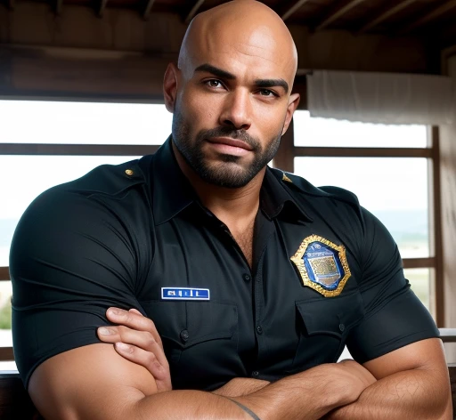 1boy, indian, solo, facial hair,84 yrs old, dom, male focus, flaccid penis, bald head, pectorals, bara, muscular, mature male, muscular male, abs, beard, ring nipples, chest harness, short hair, navel, stomach, large pectorals, thick eyebrows, bare pectorals, wrench_genshin_style, dark-skinned male, erection, thighs, erection under clothes, fancy suit, dark skin, tie, open shirt, jacket, grey business suit, pectoral cleavage, cowboy shot, cop agent uniform, feet out of frame, thick thighs, looking at viewer, masterpiece, 4k, high quality, highres, absurdres,