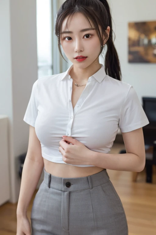 (8K, photoreal, raw photo, highest quality: 1.3), (1 girl), super beautiful, culotte skirt and white shirt, bra visible from the shirt (realistic face), (boyish, very short hair), beautiful , brilliance that captivates the viewer, beautiful facial expressions, beautiful breasts, (realistic skin), Be...