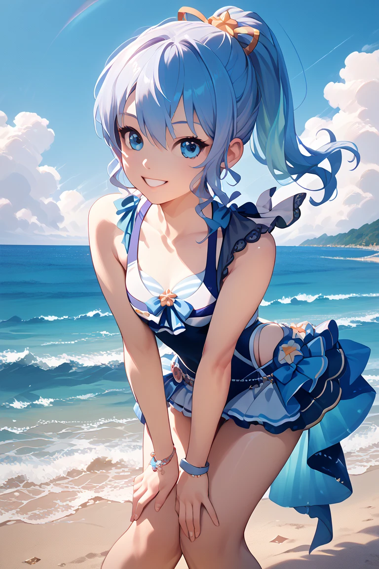 (full body, pov lovely swimsuit style) (beautiful body), (solo:2, 15 yo, forehead blue hair long hair lovely girl, cute blue eyes, glossy lip, love smile), (in a cute Layered frills blue bikini swimsuit), break, in the sunshine beach, background beautiful ocean, Double Exposure beautiful glow, BREAK, perfect anatomy, masterpiece, best quality, 16k, beautiful detailed love, sexy, daydreaming expression.
