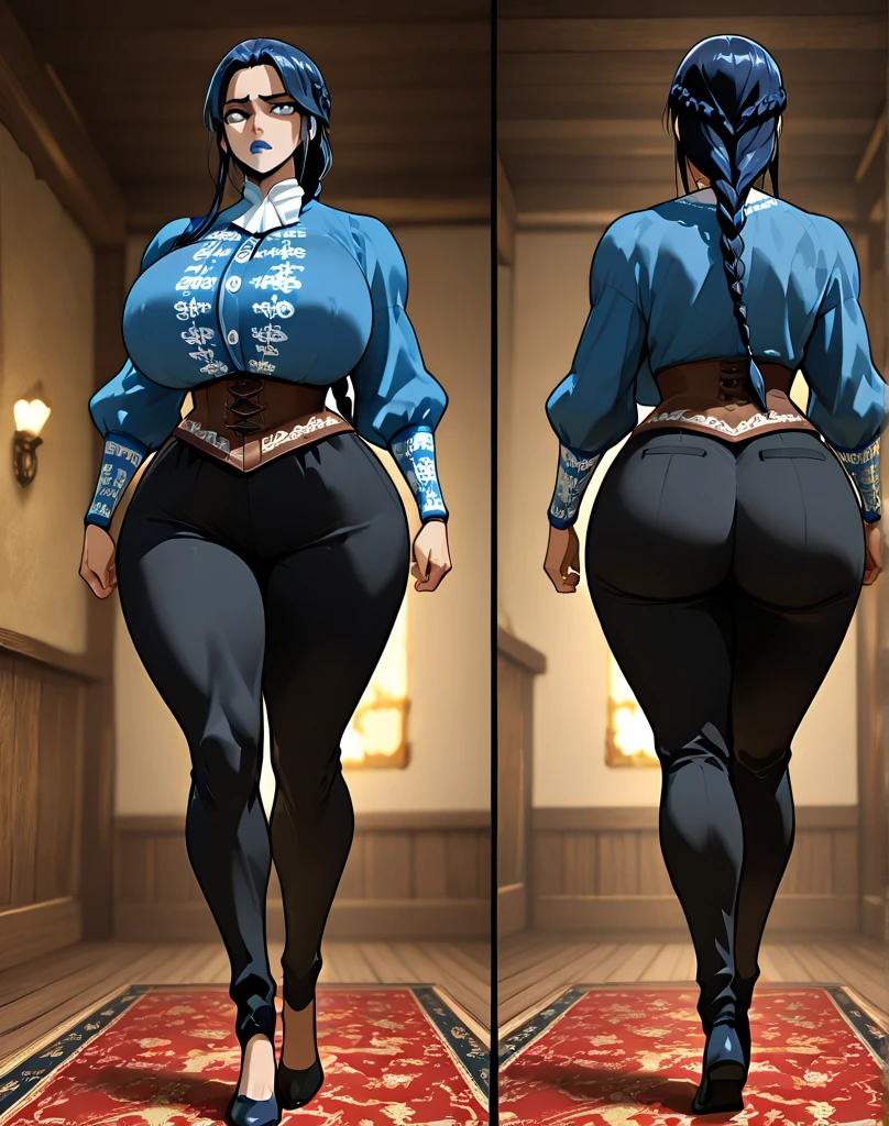 masterpiece, bestquality, ultra-detailed,
flat design, ligne claire, photorealistic,
cinematic lighting, depth of field,
1girl,
(fullbody:1.4),
(reference sheet, The same character, Viewed from three directions, three views, completely from the side, completely from behind, completely from the front, A completely side view of the butt, Turntable View, Turn around View:1.3),
Genre: Fantasy
Historical setting: Medieval fantasy
Name: Haruka Kazehaya
Age: 16
Gender: Female
Race/species: Human (Japanese)
Hair color/mesh: Black hair with blue mesh
Hairstyle/length/shape:very short and boyish and messy and spiked,
Bangs length/shape: Short and straight
Sideburns length/shape: Short and neat
Eye shape/eye color/pupil shape: Large brown eyes, round pupils
Height: 158cm
Body type: Slim but muscular
Physical characteristics: Small scar from teleportation
Occupation/role: Swordsman, explorer
Outfit (head): Simple leather band
Outfit (torso) Body): Practical travel clothes
Outfit (arms): Arm guards
Outfit (lower body): Durable trousers
Outfit (legs): Light leather boots
Outfit (footwear): Comfortable shoes for travel,
gigantic saggy breasts, no bra, hard nipples,
Clothes that are completely stuck to the chest, impossible clothes, pawg, thin thighs, thick calf, milf, mature woman, puffy lip,
standing pose,
(white background:1.2),