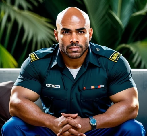 Um homem de meia-idade，45 yers de idade，pele de bronze，Asian descent，Round firebrand，musculoso，Carne forte，parte superior do corpo nua，Army green cargo pants，shorter pants，huge groin bulge，Bezerros nus，Pelos grossos nas pernas，Black cotton socks，Sente-se Pose，Canteiros，pernas separadas，Toalha para enxugar o suor，Bodyesbian indecent expression，in a panoramic view，alto detalhe，Alta nitidez，tmasterpiece，facing to audience