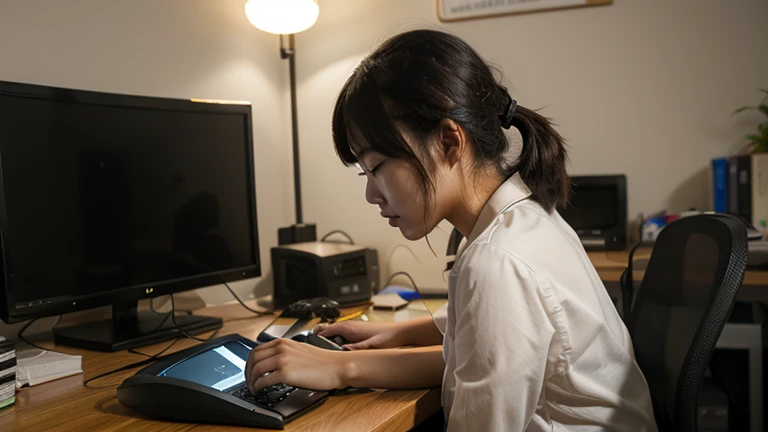 Fat Girl Struggling To Fit A Big File On A Very Small Laptop, comical
