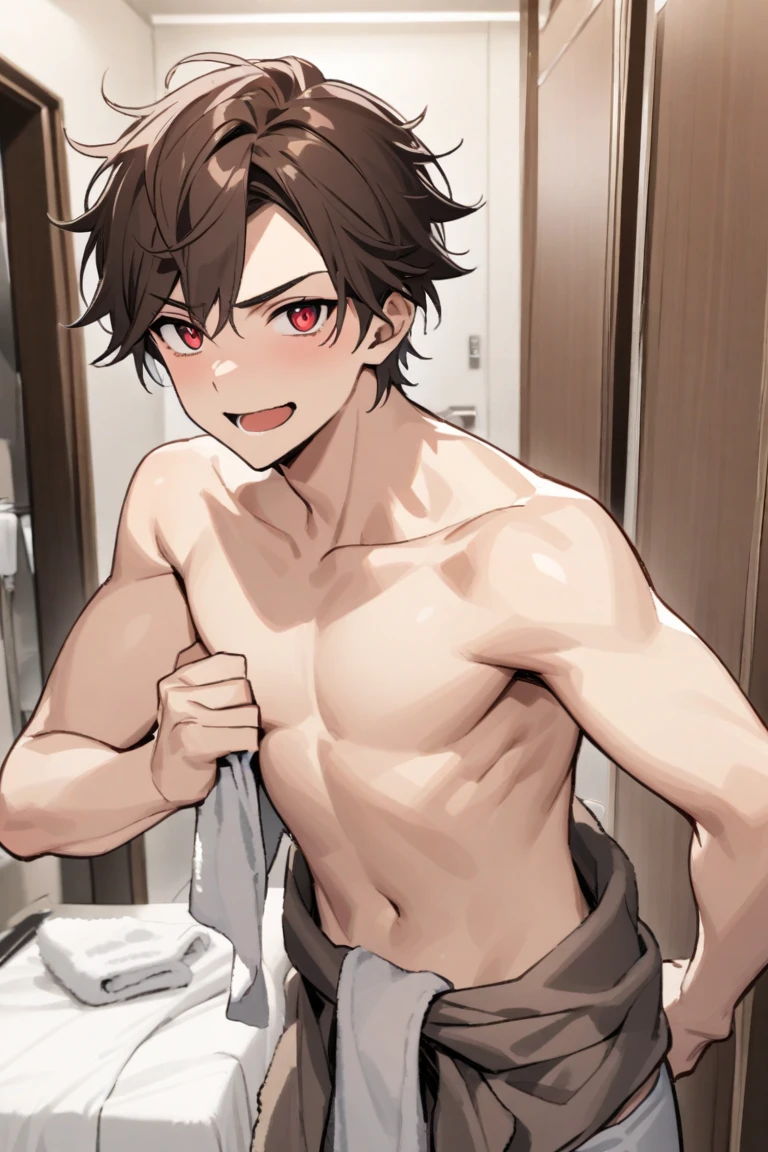 1man with short fluffy brown hair, kind face, blue eyes, tall, smile kind, nude, in bathroom, big cock