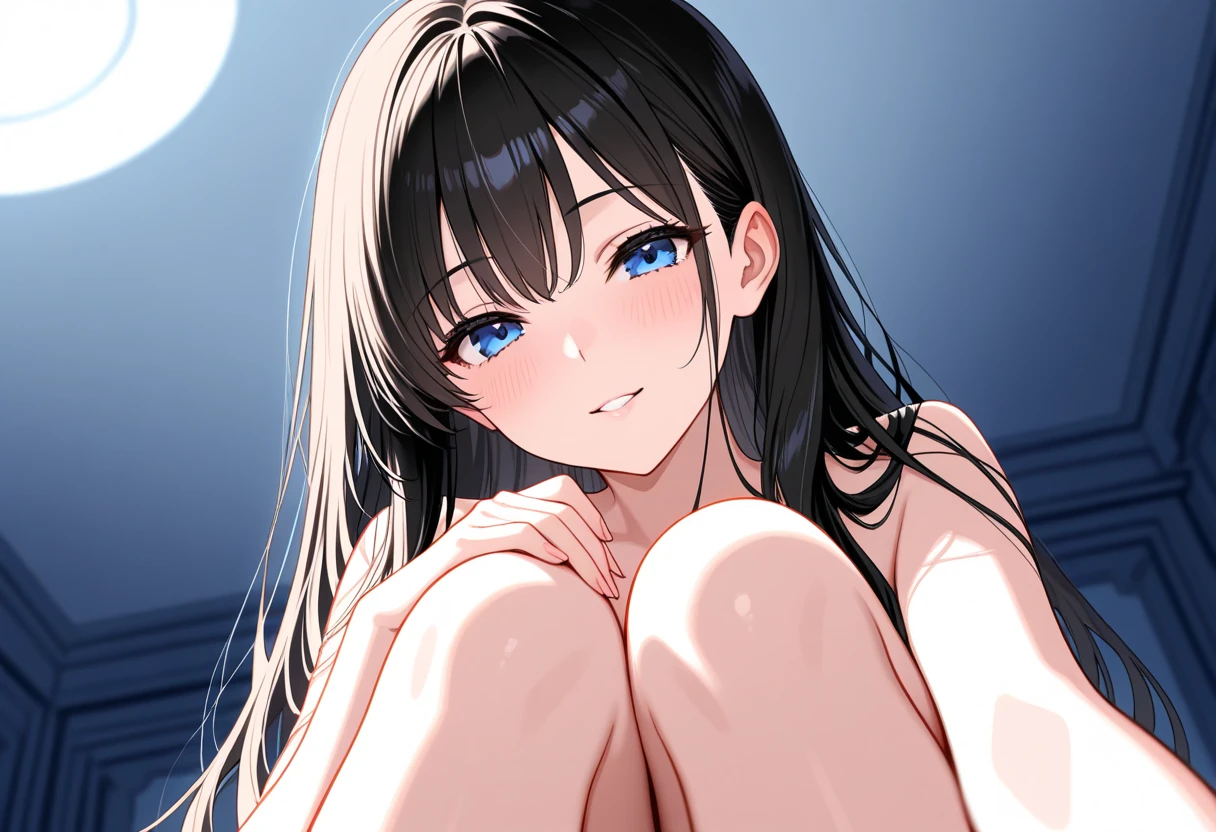 ((Highest quality)), ((masterpiece)), (detailed), Silhouette-Lighting , (Japanese), 14 years old, (Childish face), (Straight Hair), Girl, ,small Breasts, (naked),topless, (Blue eyes),half-smile ,Silhouette Lighting, (Moonlit Night) , milky way, (upper body) ,beach,Water's Edge,