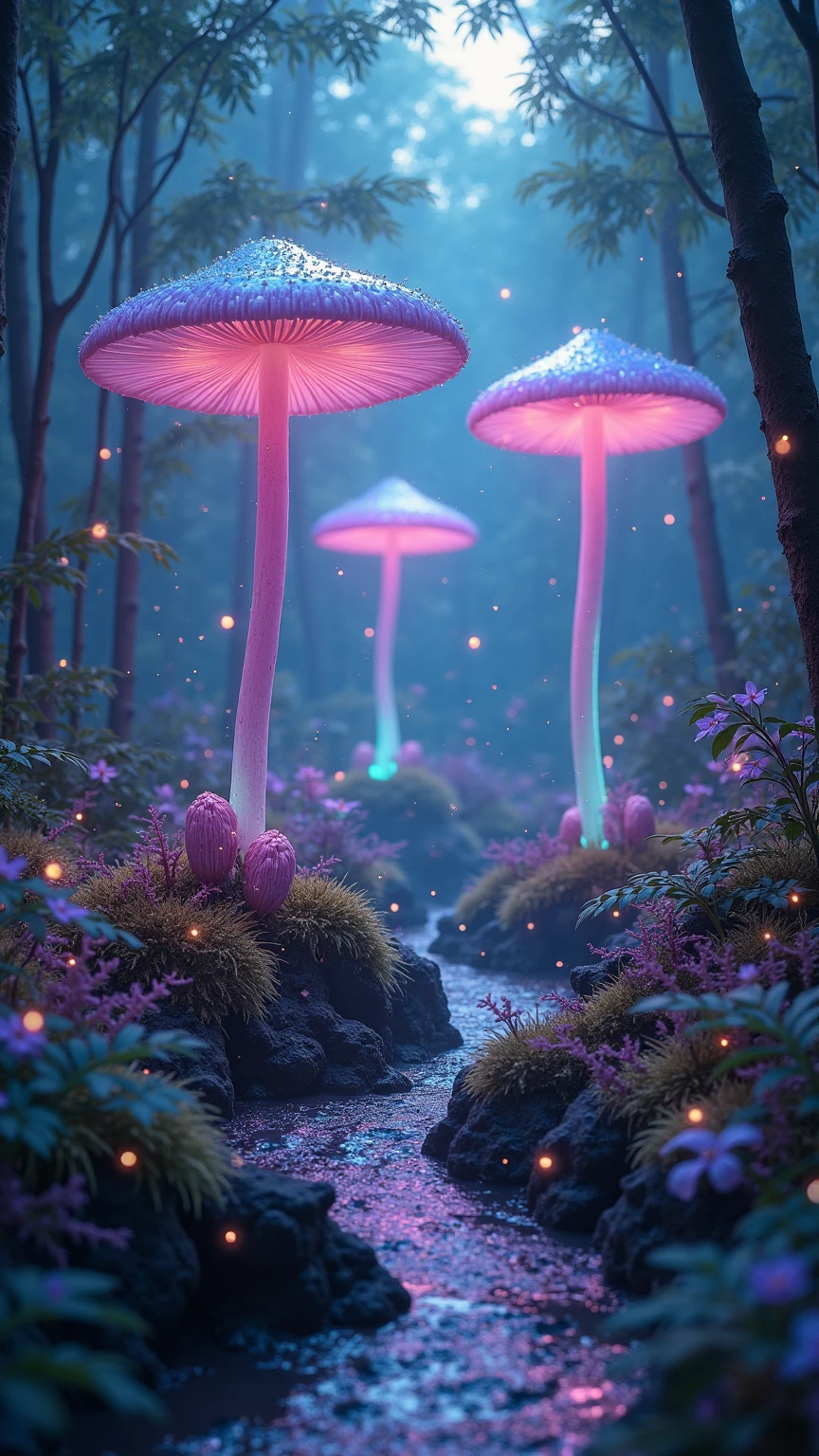 otherworldly forest glade illuminated by towering bioluminescent mushrooms with broad umbrella caps in soft lavender, cerulean, and pastel pink hues, slender translucent stalks glowing faint aqua and mint from within, fine moss and bioluminescent ferns carpeting the undulating ground, a narrow crystalline stream winding gently through the scene reflecting mushroom glow, delicate mist swirling low among gnarled roots, shafts of silvery moonlight piercing the mist and highlighting gill textures under the caps, floating spore motes drifting like ethereal fireflies, subtle lens flares accentuating droplets of dew clinging to delicate mycelial threads, photorealistic 8K detail capturing intricate fungal ridges and softly textured moss fibers, cinematic wide-angle composition with shallow depth of field focusing on a foreground cluster of three majestic mushrooms, harmonious palette of cool purples, blues, and soft pinks balanced by hints of warm moonlit highlights, volumetric lighting creating gentle light shafts and deep shadow gradients, slight vignette framing edges to draw the viewer inward, high-fidelity environment art evoking tranquil magic and dreamlike wonder  