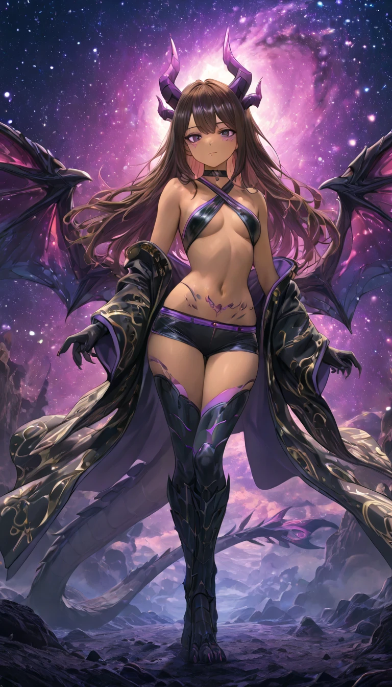 8K, realistic, Ultra High Definition, Super detailed, young girl of 18 years, Shiny detailed hair, purple eyes, large eyes, dragon ears, detailed and shiny eyes, detailed face, dragon features, fantasy landscape, solo, looking at viewer, {{best quality}}, {{masterpiece}}, {{ultra-detailed}}, {detailed light}, black hair, long hair, purple dragon horns, beautiful earrings, beautiful, skinny body, white skin, futuristic and brightly colored sneakers, lying down open legs, nsfw