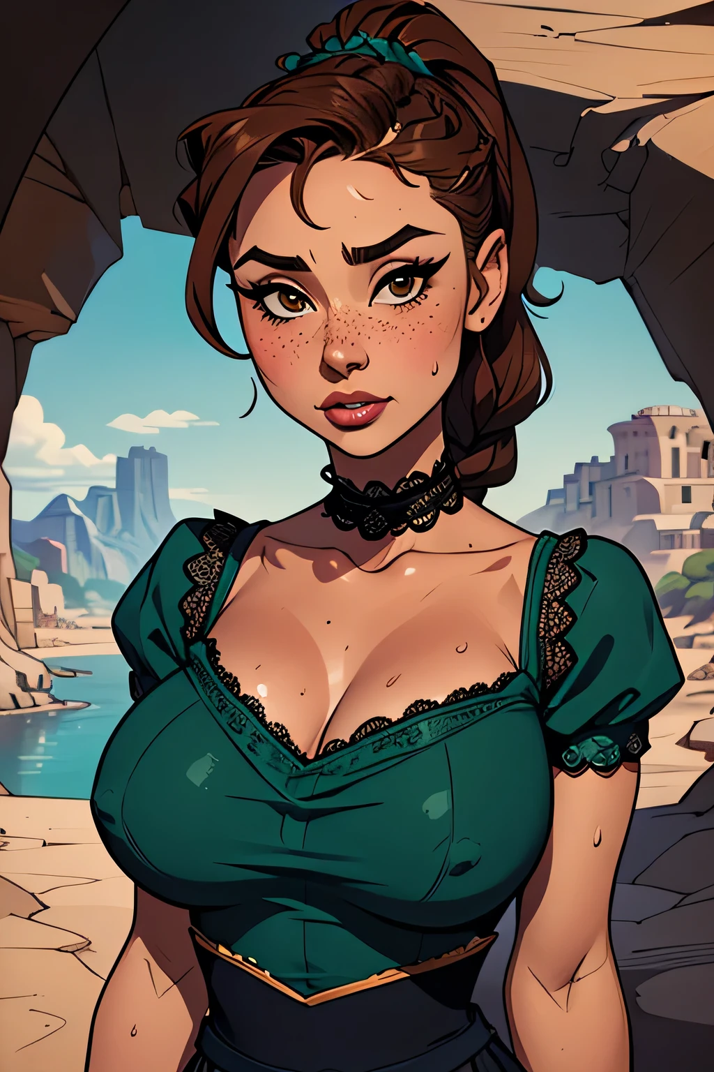 ( Absurdo, hd , Ultra detailed, be careful with your hand ) Close-up view of a slim and athletic woman, 25 anos, 8k (( high definition )), thoughtful face, look seductive, brown eyes sweater, Wear a high waist teal green long dress (( with lace V-neck , renda chantilly, short sleeves )), thin waist, arms at the sides of the body, pele morena, long brown hair (( with a braided ponytail )), It is in a cave (( upper body )), with freckles on the neck and breasts , (( big breasts, sweaty and round, suaves )), (( Well defined collarbone)). Marvel style (( hq )), cave in the background.