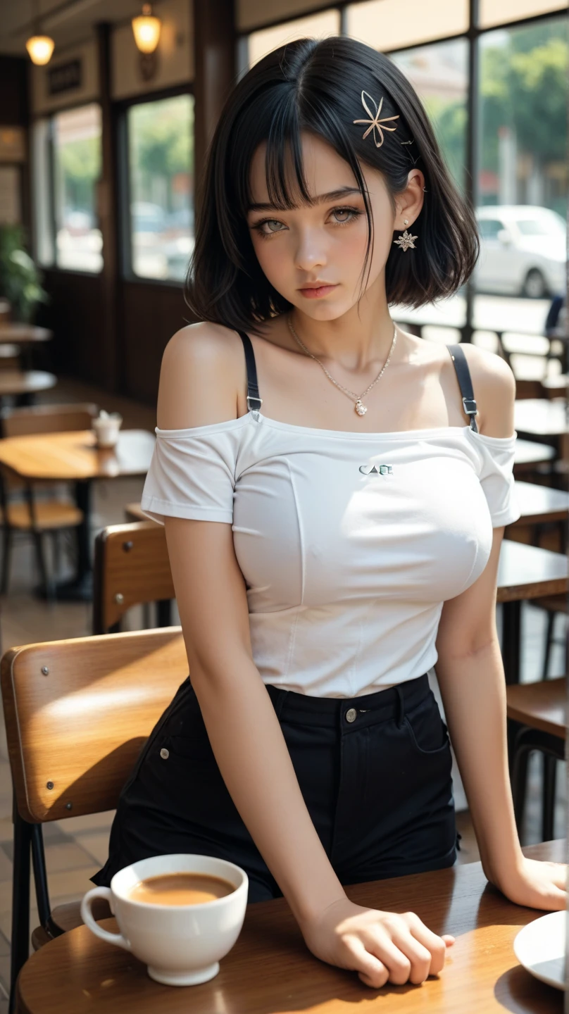masterpiece、Highest quality、proficient、1 female、18-year-old、blue eyes、Black Hair、White skin、(((Oily skin)))、Shiny skin、short hair、Oversized off-the-shoulder shirt、seductive thighs、Big Breasts、Big Breasts、A woman who went shopping、Top view、Confused face、from the front、Looking up、Background blur、In front of the cash register at a convenience store、A girl came to buy condoms、Put condoms and alcohol on the cash register、((Confused face、blush、Embarrassing))