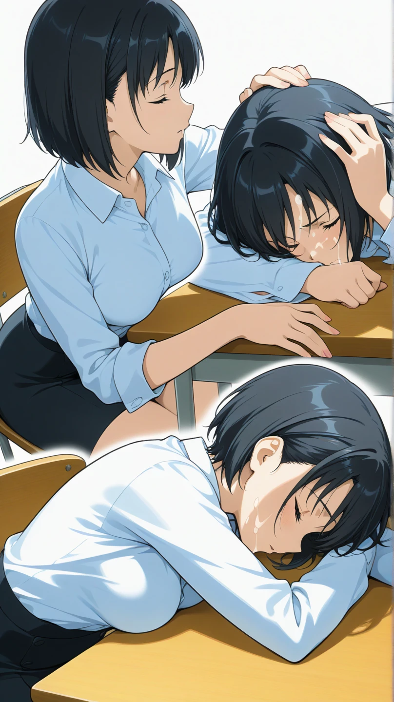 score_9, score_8_up, score_7_up, source_anime,
yukariyukino, yukari yukino, short hair, black hair, detailed blue eyes, hair between eyes,(( perfect eyes )), Perfect face, expressive eyes, orgasm,wince, frown,
(show off breast), ((undress clothes)), detailed nipples, , undress bottoms,
indoors, school, realistic school,, lie on desk, (missionary position), virginal sex , yuri sex, blush, open mouth, saliva,
cowboy shot, looking at viewer, kiss, dutch angle, pussy juice,(rape),