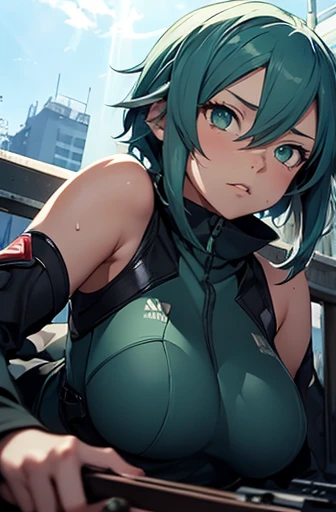 Green hair、Big Brett、gloves、shorts、指なしgloves、scarf、shortpants、黒いshortpants、Anti-material rifles、top-quality、official style,（Asada Shino-SAO-GGO-）,masterpiece, best quality, {{{ultra detailed}}}, game cg, super fine illustration, , train station, 1girl_and_1man, {{kawaii}}, sunrise, collarbone, clavicle, {{Silk fabric brassiere}}, bra turned up,, flasher, beautiful breasts, {{embarassed}}, 👨‍💼&👨‍💼 nsfw , dynamic angle, brown hair, [long hair], {selfie}, run away, slim head, [wavy hair], [[[open breast]]], slim hair, tsurime, pantie cotton pink diaper skirt lift, {{{disshaveled ripped torn skirt}}}, {separated of skirt}, handsome short hair, [[[messy hair]]], short hair, light-brown hair, {{{be grabbed breasts and hand on breast only}}}, swelled head, ride on train, {{{{{sweaty}}}}}, resist male violence, small red hairband, disordered shirt, breast massaged by boy, hip massaged by man, bra turned up, be pulled body,（（（（masturbation））））