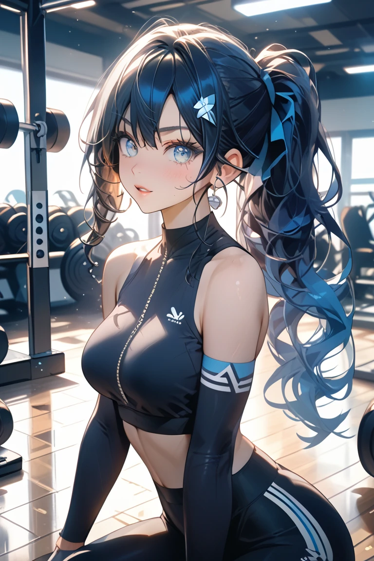 {{masterpiece}}, best quality, extremely detailed CG unity 8k wallpaper, cinematic lighting, lens flare, beautiful detail eyes, black, side glance, multicolor hair, colorful light, particles, heterochromia, (colorful:1.5), (colorful hair:1.5), shiny black leggings, sportbra, white sneaker, choker, arms behind head, (big medium breasts), (((delicated beautiful detail cute face))), clear line, solo female, perfect body, shy, sweat,