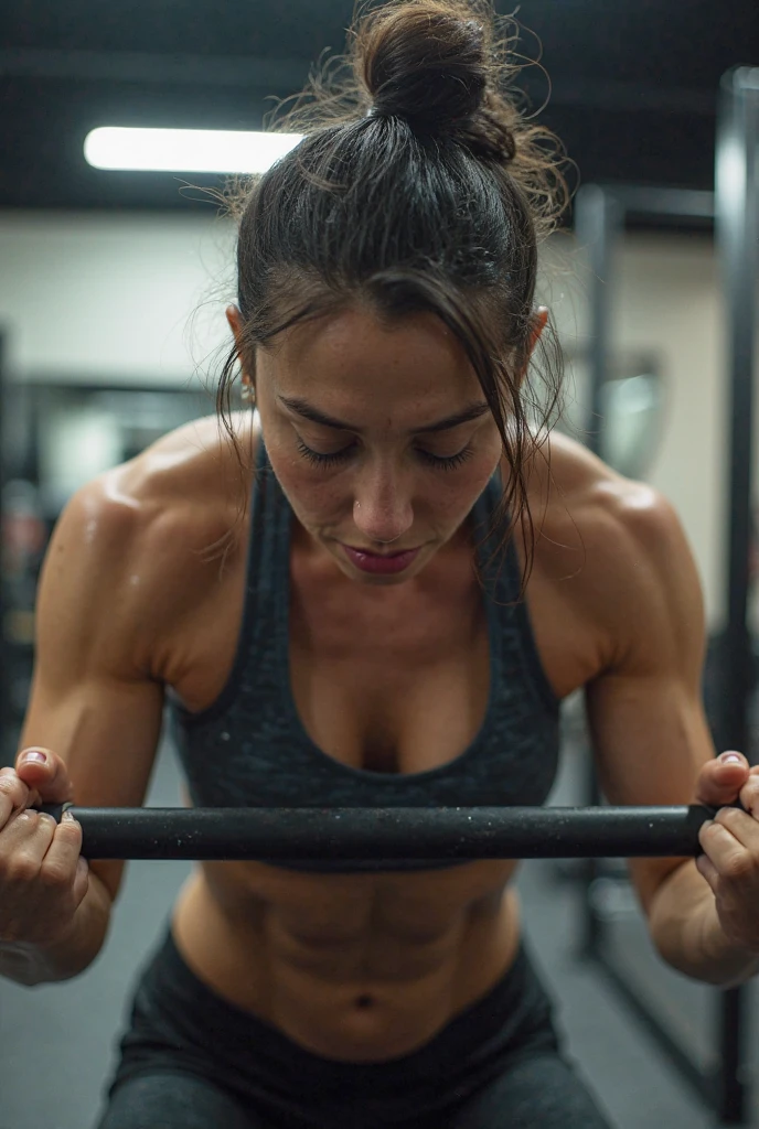 Japanese woman doing strength training. She was 50 years old and、muscular and short hair。.She has a sweet smile and very pretty eyes。big chest.she has sweaty skin。Dumbbells are lined up in the background。She was standing and、Looking back at this。Her swimsuit is grey。She is topless。nipples are visible。big butt is visible。Natural light。4k,hdr,Photoreal.
