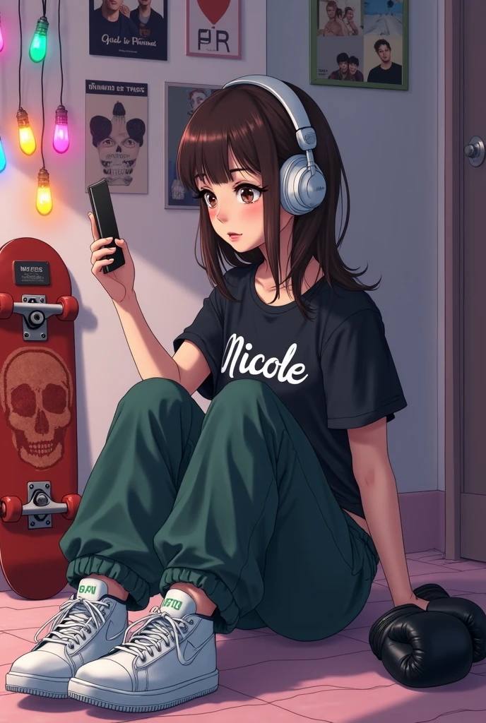 Adult female, robot, messy neck-length brown hair, indifferent, apathetic, hippie, beanie, baggy hipster clothing, sunken eyes, brown irises, hippie bedroom, one feather earing, smoking marijuana, highly detailed, best detail, high quality, perfect anatomy, perfect hands, perfect eyes