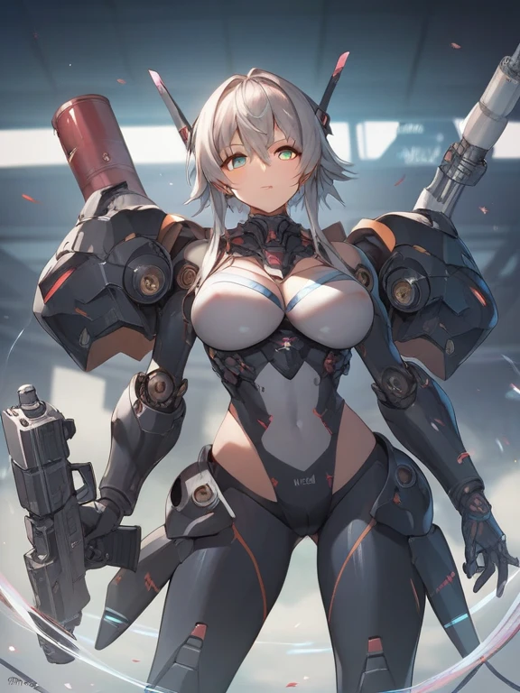 ((highest quality)),(ultra high resolution),(Super detailed),(detailed description),((best CG)),(best work of art),super precision art,great drawing art,(Sci-fi art with precise details:1.5), (One female robot:1.6),(beautiful and well-shaped face:1.5),((A complex mechanical body with intricate details:1.5)),(Luminous body embedded in the body:1.7), action scene:1.5,(dynamic pose:1.8),(her arm is transformed into a gun:1.7)