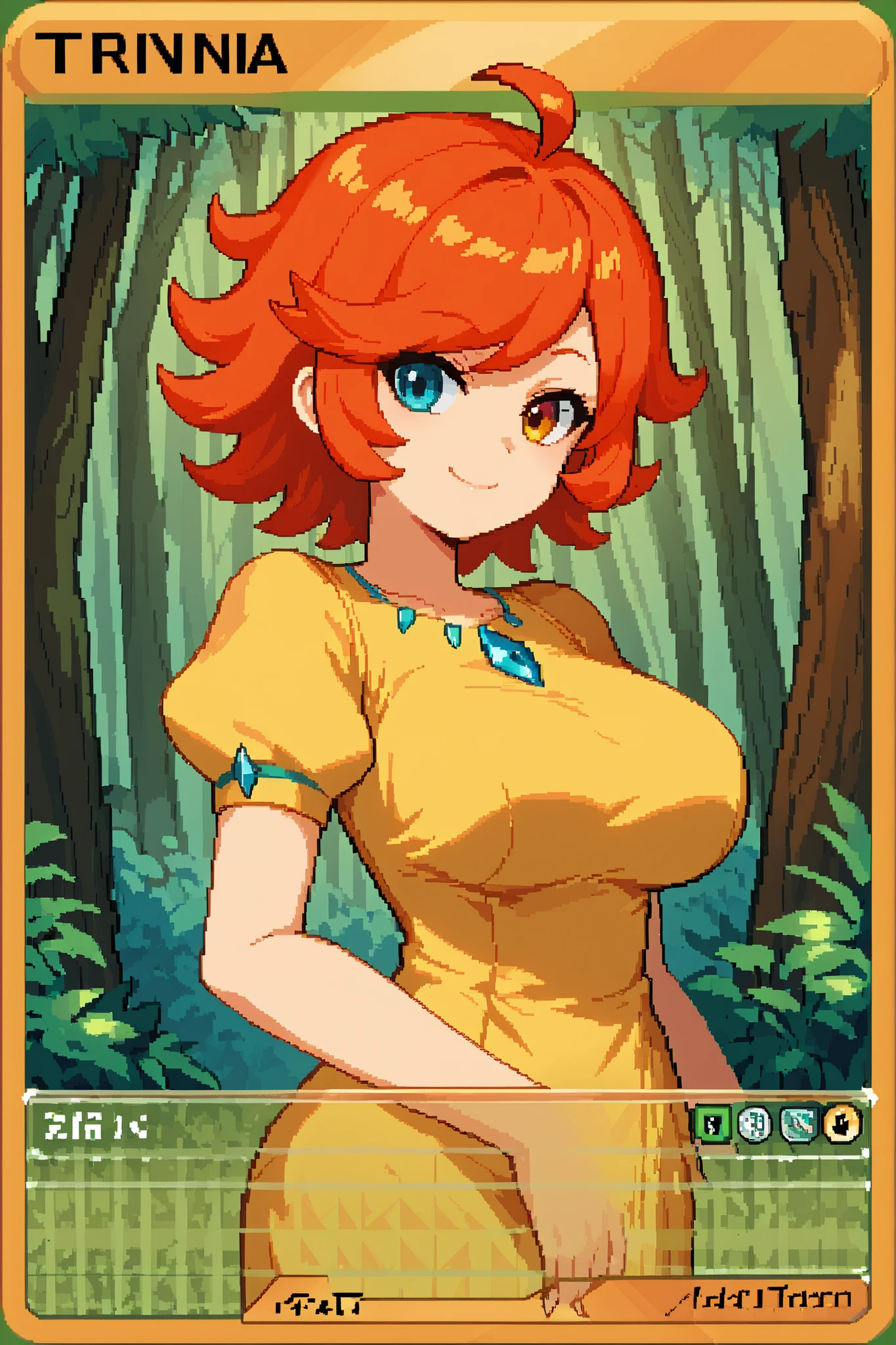 score_9, score_8_up, score_7_up, source_anime, 1girl, solo, pixel art, tr4dingcard, card (medium), english_test, common_rarity_icon, N, trading_card, white_trade_card_frames, solo, redhead BREAK
Short hair, red hair, wavy hair, swept bangs, ahoge, heterochromia, left_green_eye, right_blue_eye, large breasts BREAK
Fancy clothes, England dress, puffy sleeves, short sleeves, yellow dress BREAK
Standing, looking at viewer, brave smile, closed mouth, upper body, (portrait), outdoors, (pinewood forest), daytime