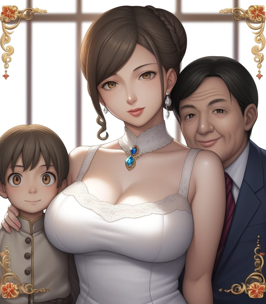 ((highest quality)), ((masterpiece)), (detailed), （Perfect Face）、The woman is Haruhi Suzumiya, with short brown hair and the wife of a 70-year-old man.、（The woman is wearing a gorgeous, see-through dress with gorgeous embroidery and flashy fur, a see-through cape, a gorgeous engagement ring, gorgeous jeweled earrings, a necklace and other accessories, and is standing next to a gorgeously dressed 70-year-old man with his 5-year-old daughter nearby.）、（A woman is wearing a gorgeous engagement ring and snuggling up to a 70-year-old man）、The man is 70 years old and is embracing the woman in the hall of a luxurious mansion.