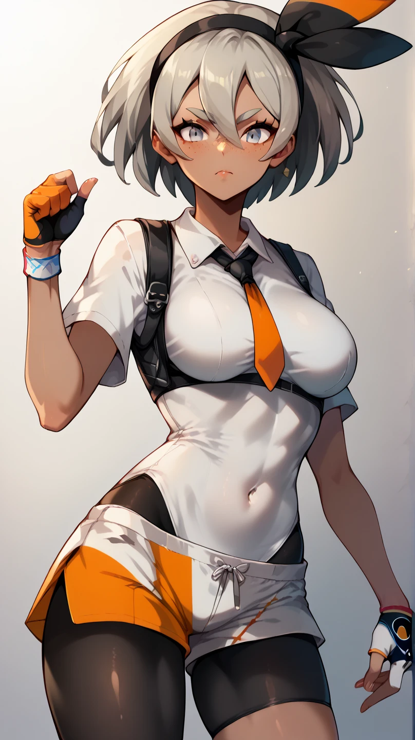 (masterpiece,highest quality, be familiar with), 1 girl, alone, indoors, dojo, tatami, From above, combat readiness, clenched hands, looking at the viewer, closed mouth, take your feet apart, fisheye lens, Depth of bounds written, legs stick out from frame,
bea \(Pokemon\), bow hairband, Tied shirts, printed shirt, black bodysuit, bodysuit under clothes, single glove, print shorts, knee pads, (huge breast1.4),round breast,toned stomach,frustrated,sweat