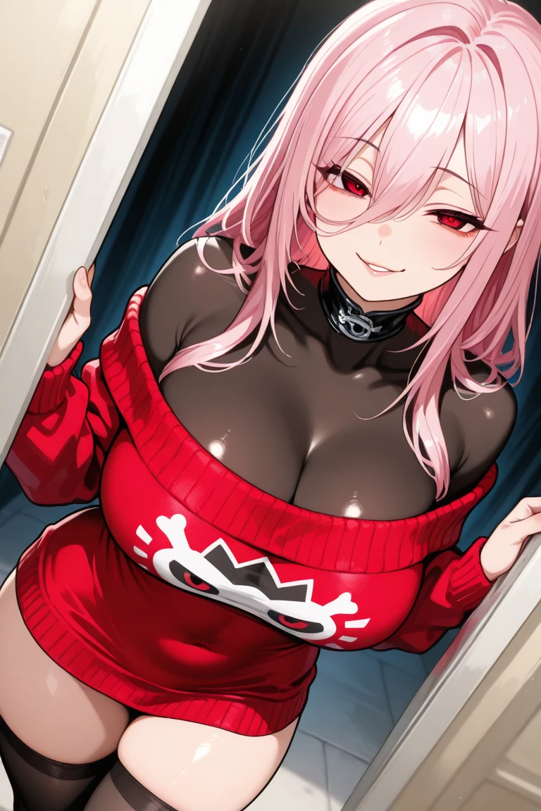 Anime girl,red glowing possessed eyes,grinning,milf,wearing a black croptop,ponytailed hair