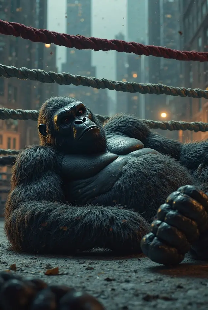 masterpiece, highest quality, realistic ,Fashion Monkey, gorilla, blurry, cable, cyber punk,open finger gloves, purple and black sleeveless jersey, holding, Does not cover the hood, alone,Tekken 8,Above the ring