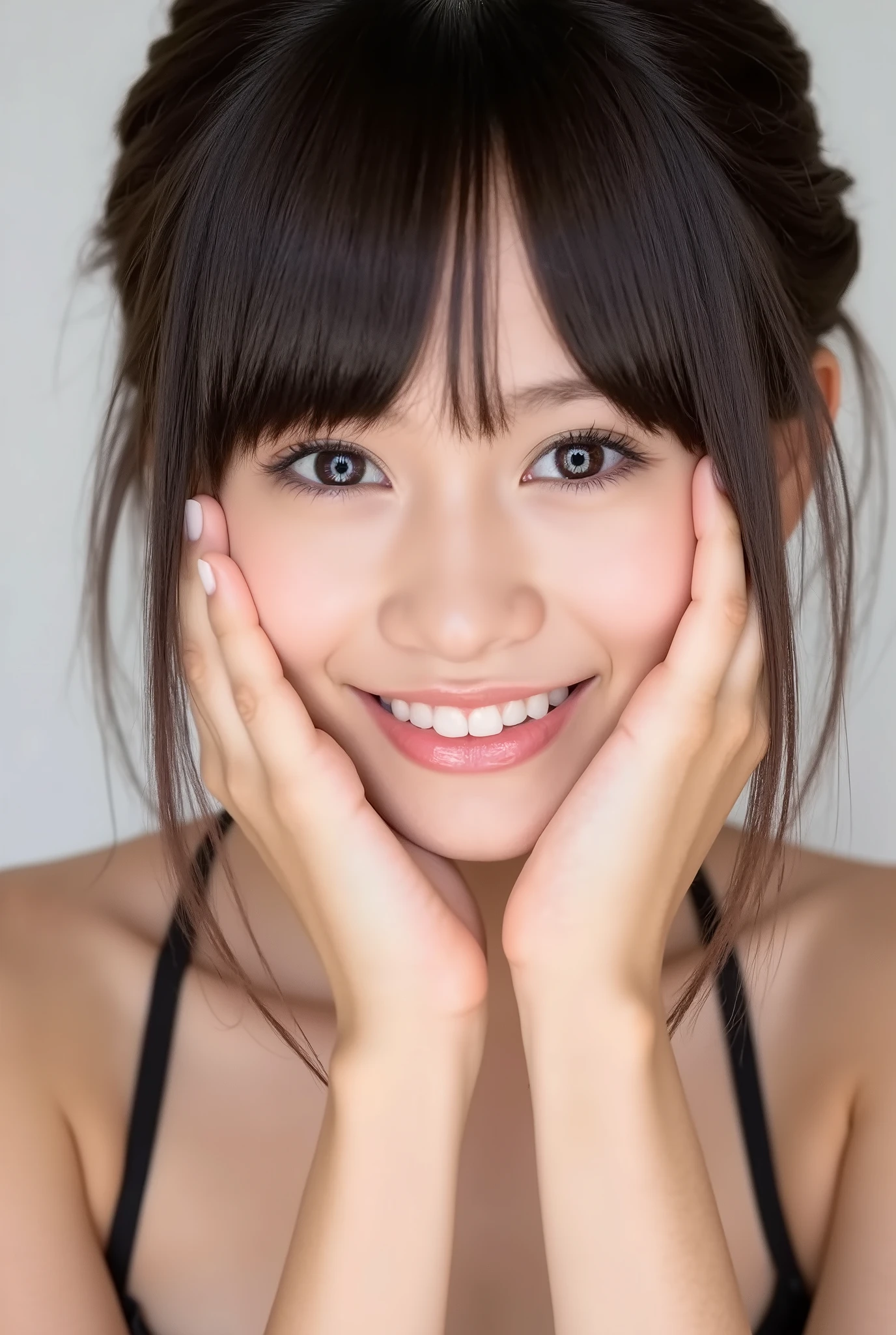 extreme close-up portrait, beautiful girl with her love-struck, radiant face filling the entire frame (95% face ratio), gently placing both open hands on her flushed cheeks with soft fingers, soft black camisole, white blurred background, eyes dreamy and half-lidded, deeply adoring gaze fixed straight at the viewer, irises ultra-detailed with intricate rainbow reflections and glowing catchlights, moist and sparkling eyes as if about to tear up from overwhelming joy, soft melting smile revealing slightly parted lips and upper teeth, skin with visible soft pores, realistic skin texture with warm lighting and subtle shadows, delicate eyelashes, glossy lips with natural highlights, cheeks glowing with deep blush, cinematic soft lighting, lifelike expression full of romantic euphoria, overflowing with happiness, warmth, and pure affection, subtly tilting her head as if whispering a name in total bliss, ultra photorealistic, masterpiece, 8K, hyperreal detail, skin pores, detailed iris texture, cinematic mood