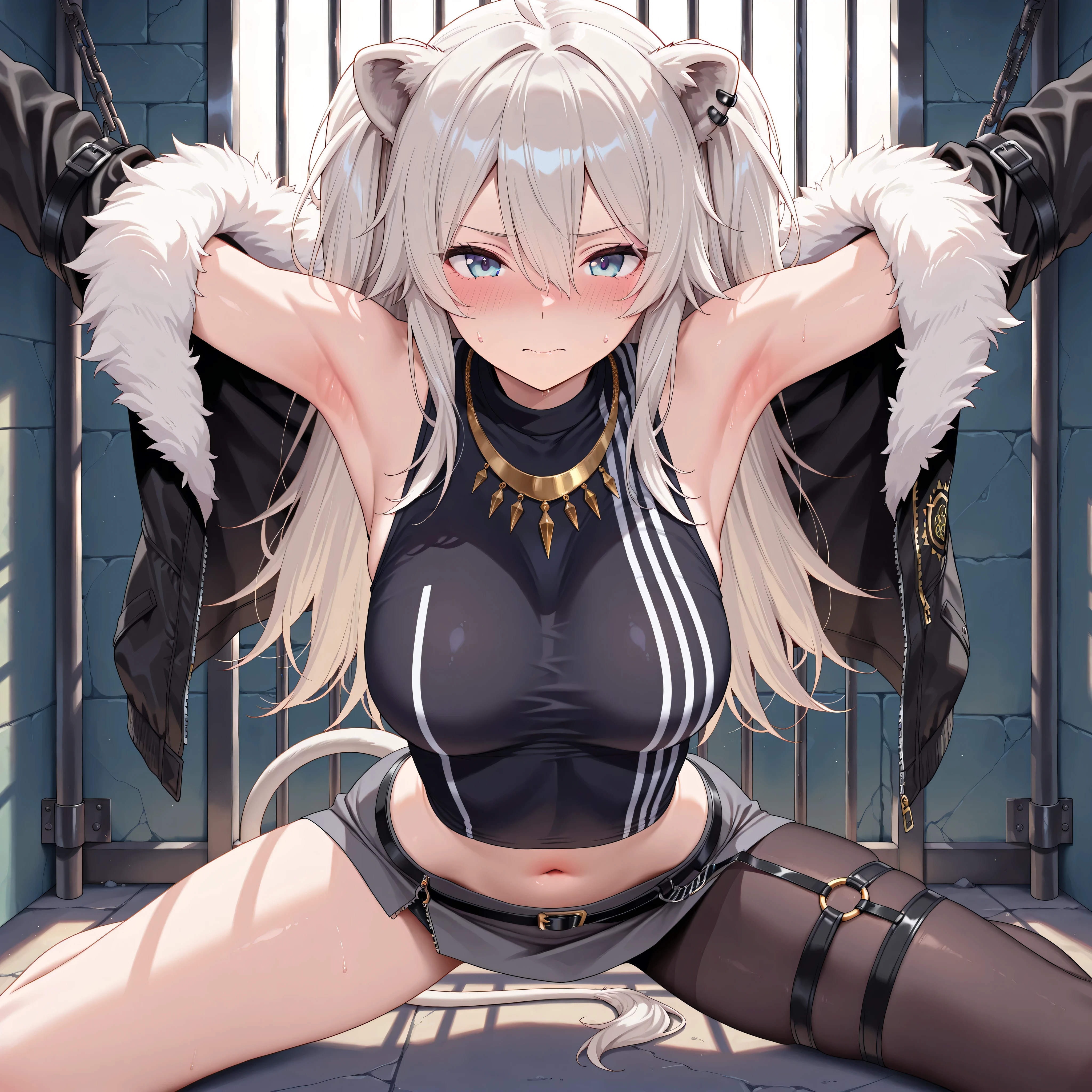 masterpiece,best quality, amazing quality, highres, absurdres, very aesthetic, high resolution, ultra detailed, perfect details,botanIL, ear piercing, lion tail,botandef, long hair, navel, fur-trimmed jacket, hair between eyes, two side up, black jacket, black shirt, midriff, grey skirt, necklace, bare shoulders, miniskirt, single leg pantyhose, black pantyhose, sleeveless shirt, o-ring, On ground, arched back, spread arms, spread legs, BDSM,Indoors, prison cell,nsfw,armpit focus,look at viewer,nsfw,embarrassed,,bent over,armpit focus、,embarrassed、medium breasts