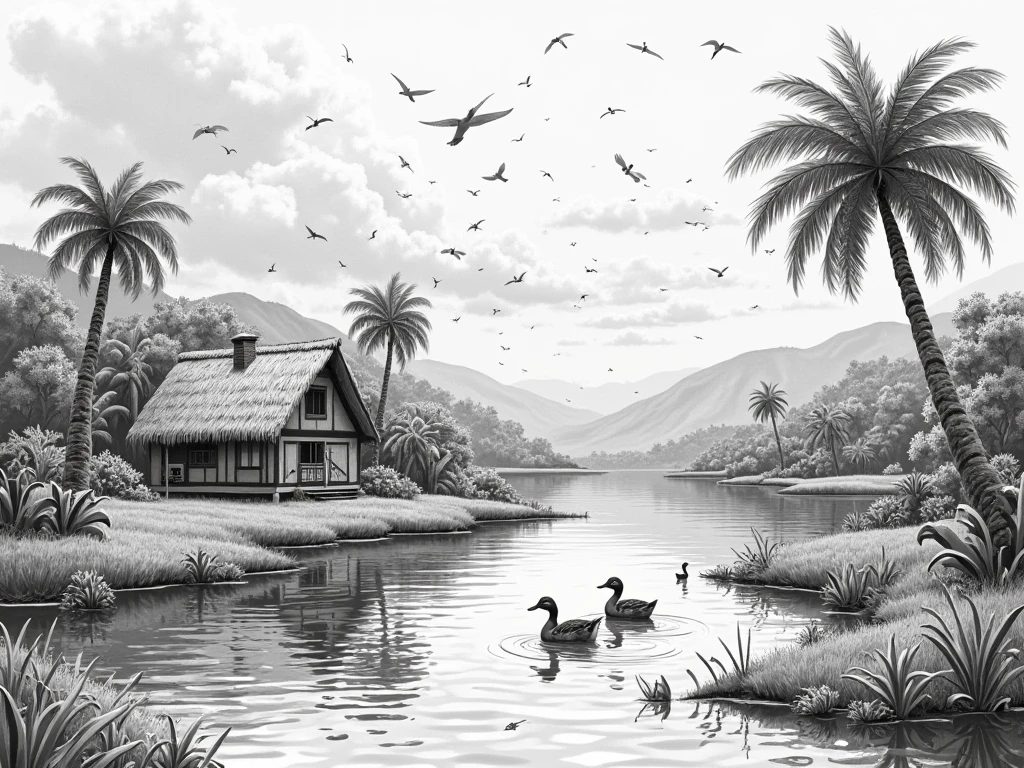 make a scenery, there should be a house and a river and 2 ducks in the river, they are swimming. it should be placed in a jungle and there should be a coconut tree, make as a 2d drawing pencil there should be hills, and clouds in the sky, and there should be a lot of birds, and sun