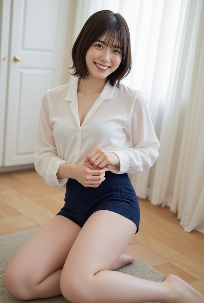 loafers、smile、Bright classroom、(((alone))),(((1 Girl))), beautiful, shape, Highly detailed skin, masterpiece, Highest quality, Highly detailed face, Vibrant colors, Written boundary depth, Cinema Lighting,, One Girl, alone, short hair,skirt,blush, White shirt, masterpiece Highest quality 高解像度、Anna Tanaka , Sit with your knees bent、eight-headed body、beautiful足 、On campus、As if looking up from below、((Embarrassing,blush)),Browsing Caution,White panties,(((White panties)))