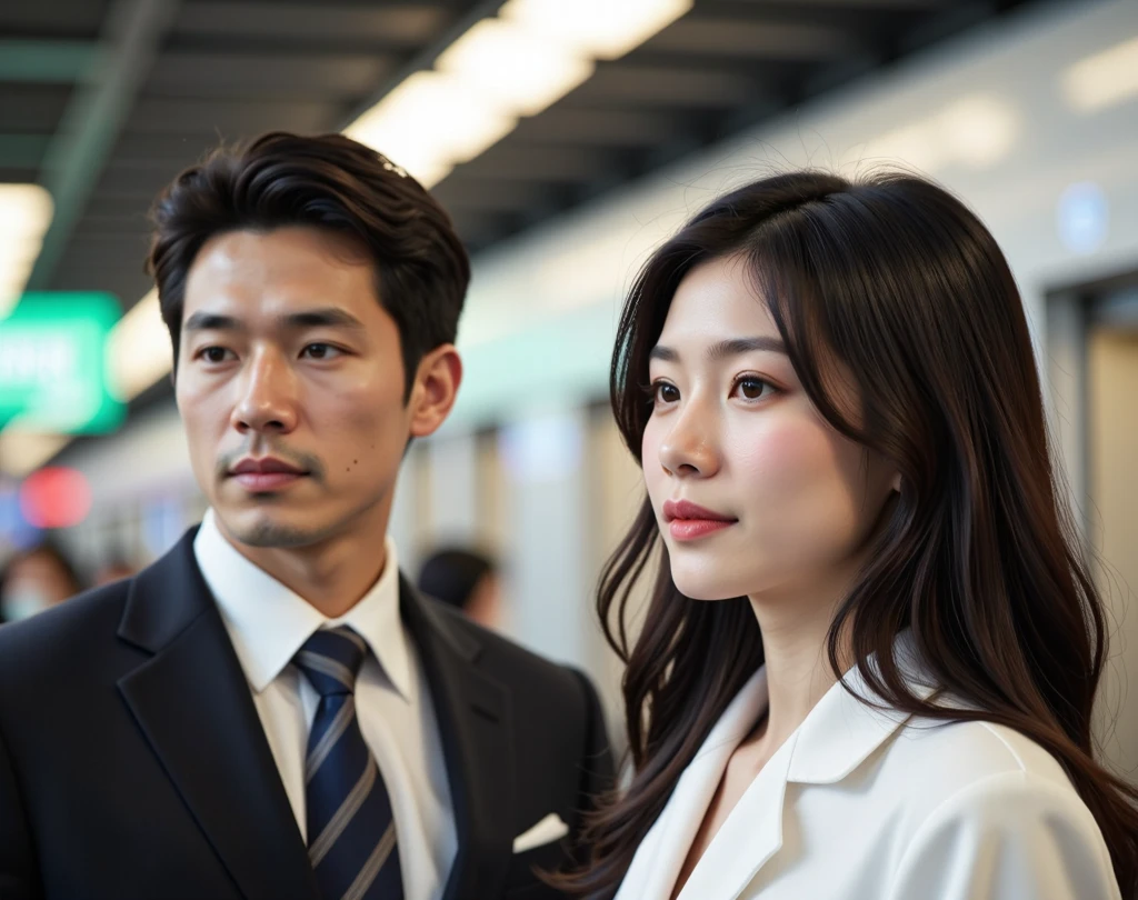 Beautiful woman wearing an office lady suit、(Kissing a beautiful older man in a suit:1.1)、(In an empty office)、(A detailed face:1.5)、The background is a window with a view of a skyscraper、(Night:1.6)