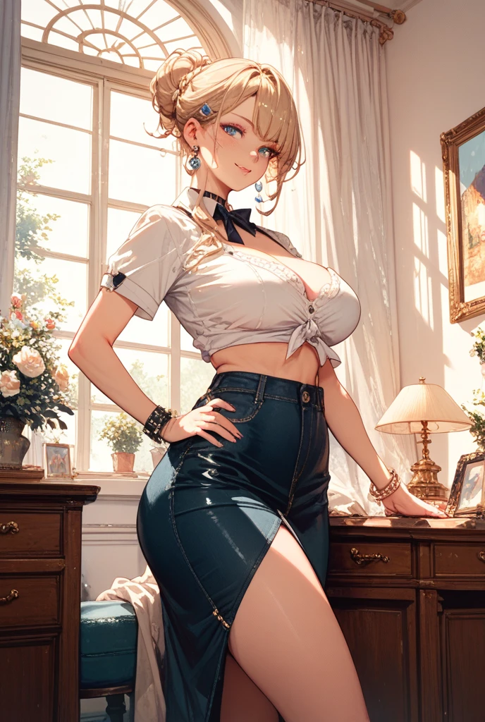 1 woman, blonde hair, hair tied in a side ponytail, sensual neckline, transparent v-neck blouse, b cup breasts, nipples marked on the clothing, facing the viewer, female focus, (Masterpiece:1.0), (background screen 8k) : 1.0), (beautiful face detailed: 1.0), character close to the camera, V-shaped panties, violet panties, lace underwear, standing, in an office, black stockings, front view,