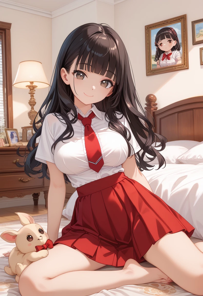 realistic image, coherent image, detailed image, 1 beautiful girl. She has long brown hair, tied up with a comb in the shape of a red flower. Red eyes, long eyelashes. Her face is oval and delicate. smiling. She wears a traditional t-shirt, a pleated mini skirt with lace, and long stockings that cover her legs. She has a curvy body, medium breasts and thick thighs. sitting showing her thighs. surrounded by clothing fabrics, flower petals falling around her. black background, uniform background