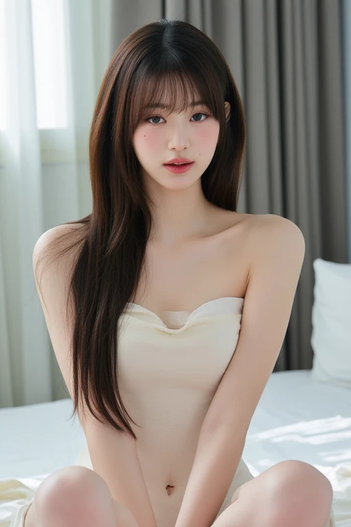 (masterpiece, 最high quality:1.2), One Japanese girl, alone,sexy, (Super beauty,beautiful girl),20-year-old, (厚くsexyな湿った唇,) (White sleeveless dress), (A very cute face, like an idol:1.3), (big eyes with double eyelids), ((Upper Body)), beautifulスリムな体型, (小さくてbeautiful胸), Beauty, Beautiful legs, Very detailedな, photoRealistic, 8k, high quality, Realistic, Very detailed, Intricate details, Cinema Lighting, beautiful, Intimate, delicate, soft,Natural light, Warm tones, Black Hair, Medium Straight Hair, With bangs, smile, In a room with white walls,