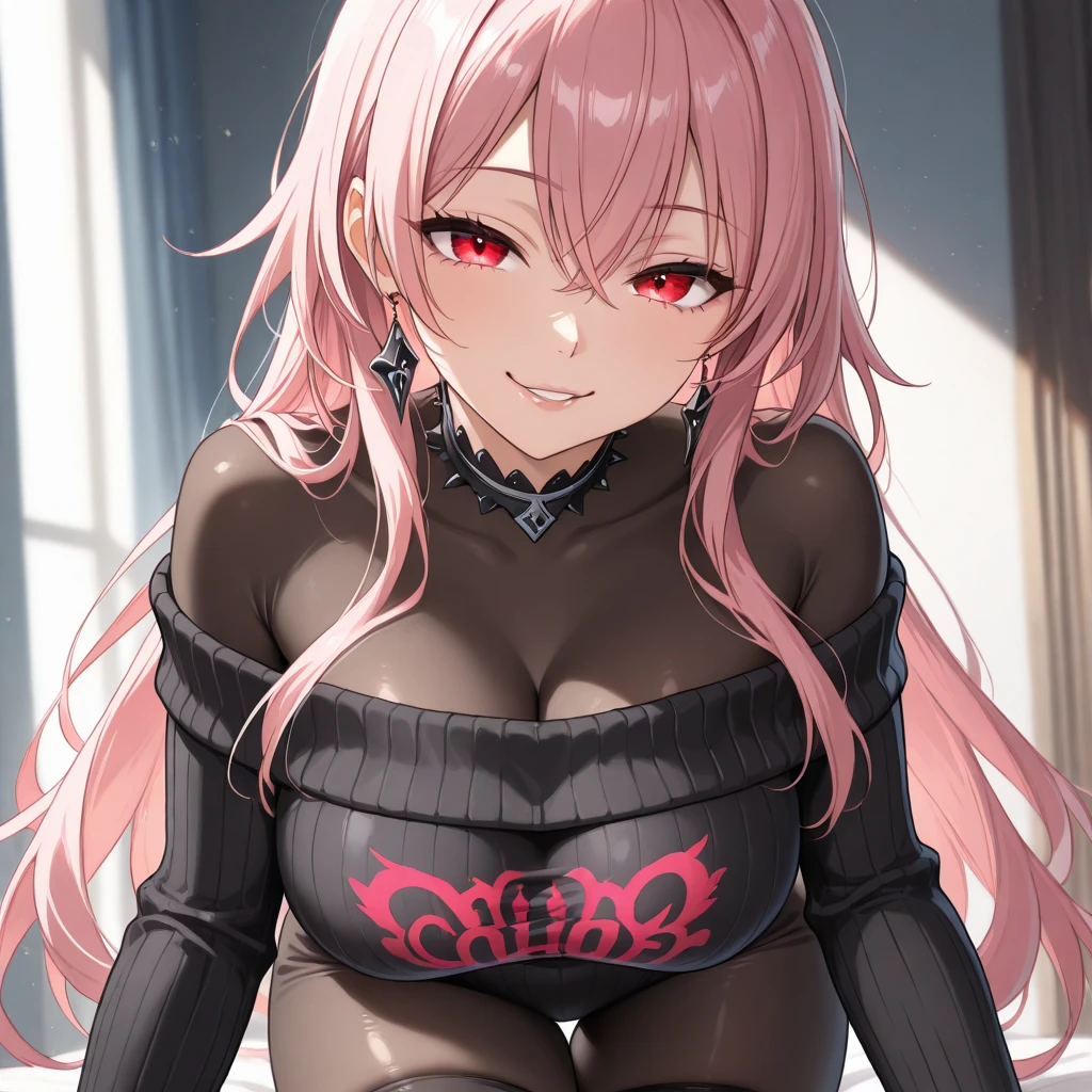 Perfect face. Perfect hands. A pink haired woman with violet eyes and an hourglass figures in a leather skirt and tank top is writing in a gothic living room with a big smile