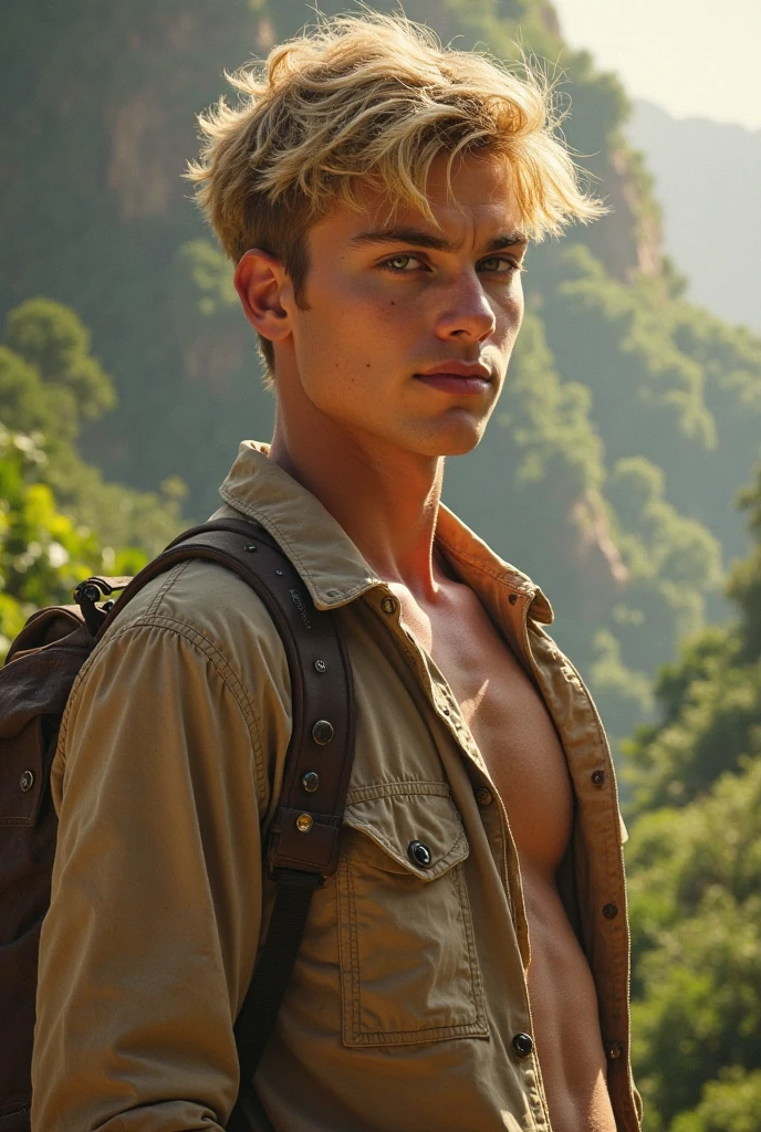 young cute handsome cute beautiful white face soft skin skinny short hair shirtless in a jungle cutting fir in an ax in the middle of the jungle cutting wood behind him a house