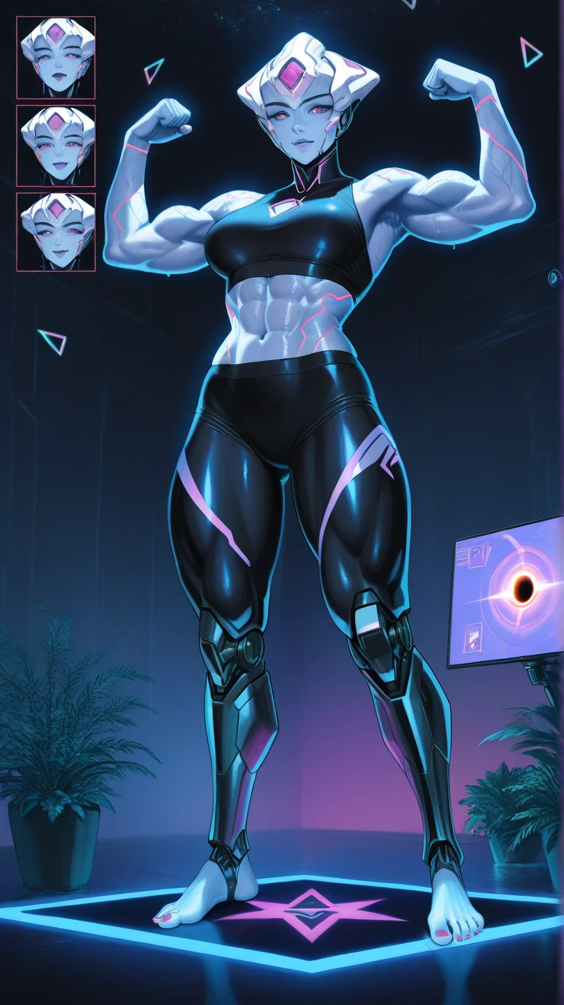a close up of a person in a bikini posing for a picture, muscular! cyberpunk, cyberpunk judy alvarez, bodybuilder superhero bikini, cyberpunk 2 0 y. o model girl, cyberpunk angry gorgeous goddess, cyborg tech on body and legs, hyper-realistic cyberpunk style, cyberpunk photo, in cyberpunk style, cyberpunk outfit, muscular ultraviolent woman, thick smooth warframe thighs
