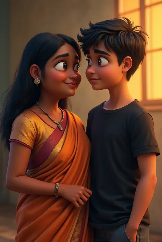39 year old woman in saree with chubby dusky skin with a teen boy in black and the boy wear t shirt and phant