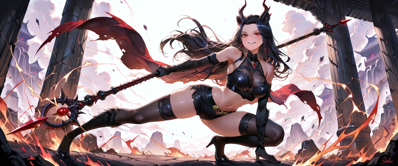 masterpiece, (textured skin), best quality, gorgeous beautiful girl, (a female oni), japanese devil,detailed clothes,large breasts,narrow waist,, (beautiful face), cinematic lighting, (fantasy anime art ),
