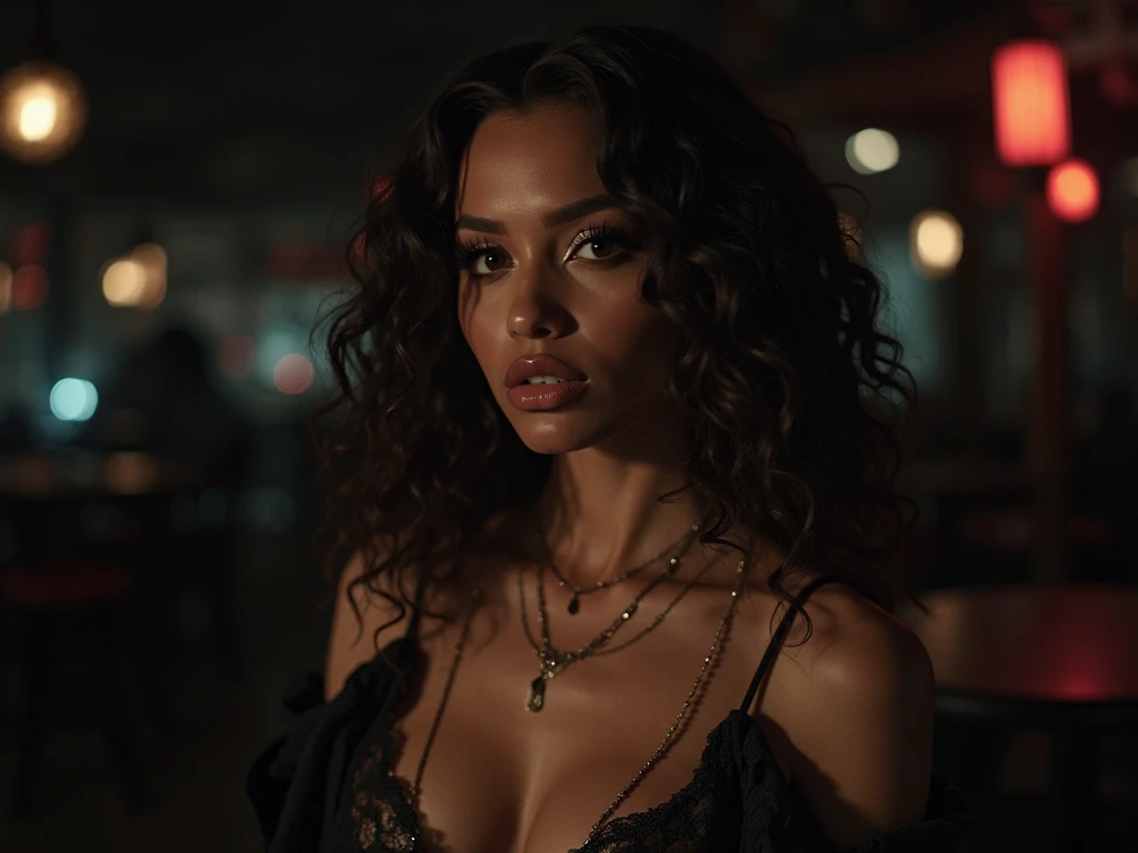 ((masterpiece, best quality, ultra detailed, ultra high res)), ((night)), (distant), chiaroscuro, coffee, indoors, solo focus, pov, (through the window), (armrest), 1 woman,(dark skin), ebony skin, ebony nose, full lips, facing away, black hair, long hair, distracted, sitting, fuzzy sweater shirt, (looking away), streetspace, neon lights, particles, luminous dark brown eyes,