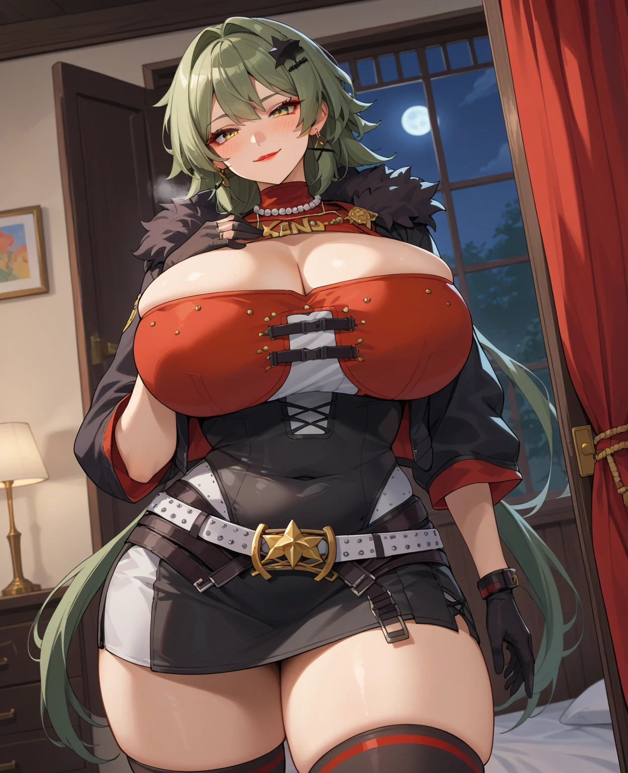1 girl, watery big eyes, Low RA:Add to_the detail:1,蕾丝内衣Bigchest,Inside the living room,humongous large breast,humongous large breast,Bigchest,blackstockings,A shy expression
