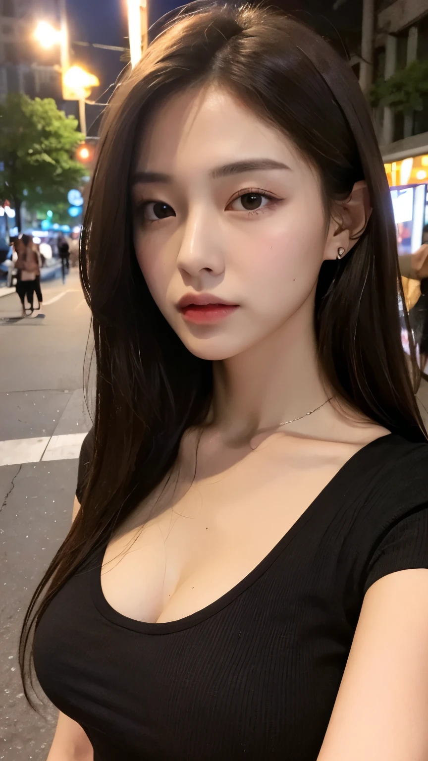 ((Realistic lighting, Best quality, 8K, Masterpiece: 1.3)), Clear focus: 1.2, 1girl, Perfect beauty: 1.4, Big breasts: 1.2, Slim abs: 1.1, ((dark brown hair)), (White crop top: 1.4), (Outdoor, night: 1.1), City streets, Super fine face, fine eyes, Double eyelids,