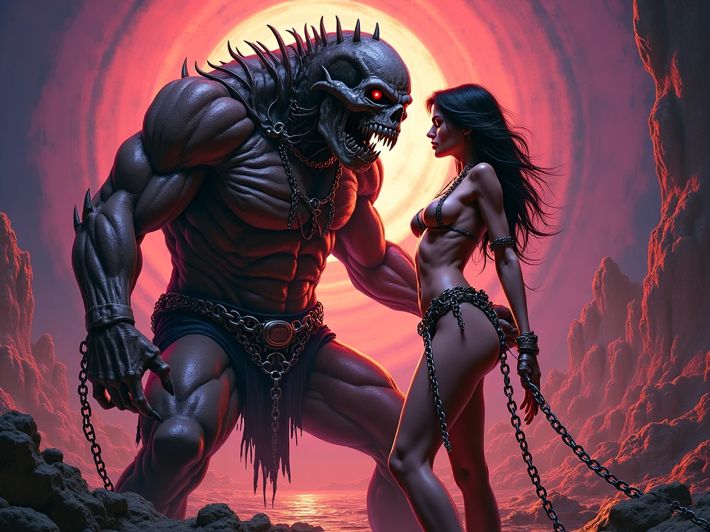 The sexy girl loves the giant demon, (art inspired in Bill Sienkiewicz). oil painting)