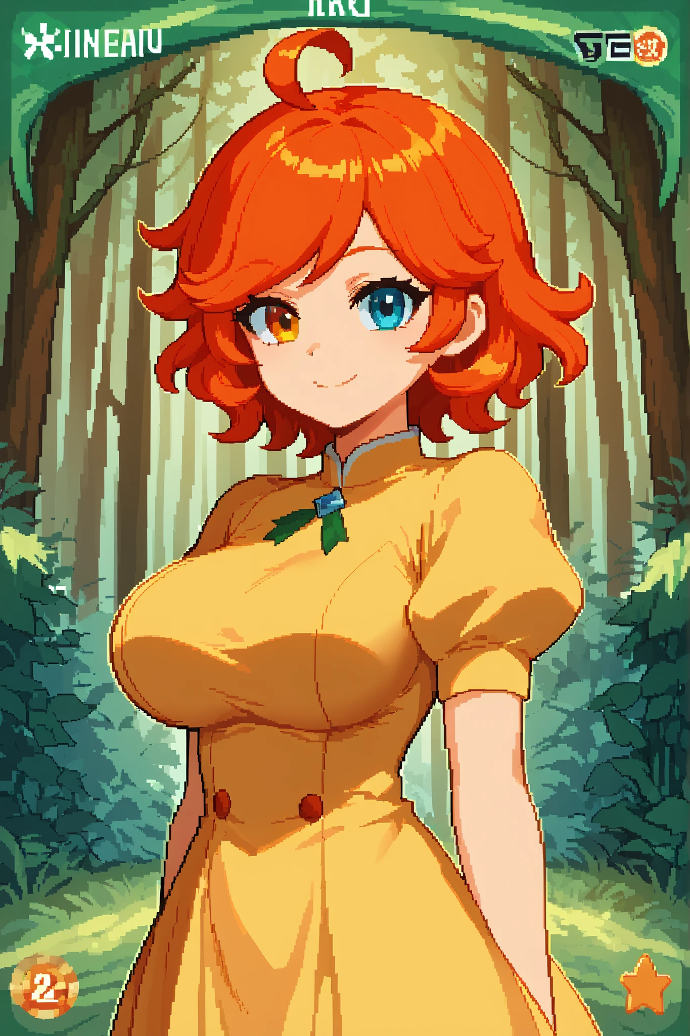score_9, score_8_up, score_7_up, source_anime, 1girl, solo, pixel art, tr4dingcard, card (medium), english_test, common_rarity_icon, N, trading_card, white_trade_card_frames, solo, redhead BREAK
Short hair, red hair, wavy hair, swept bangs, ahoge, heterochromia, left_green_eye, right_blue_eye, large breasts BREAK
Fancy clothes, England dress, puffy sleeves, short sleeves, yellow dress BREAK
Standing, looking at viewer, brave smile, closed mouth, upper body, (portrait), outdoors, (pinewood forest), daytime