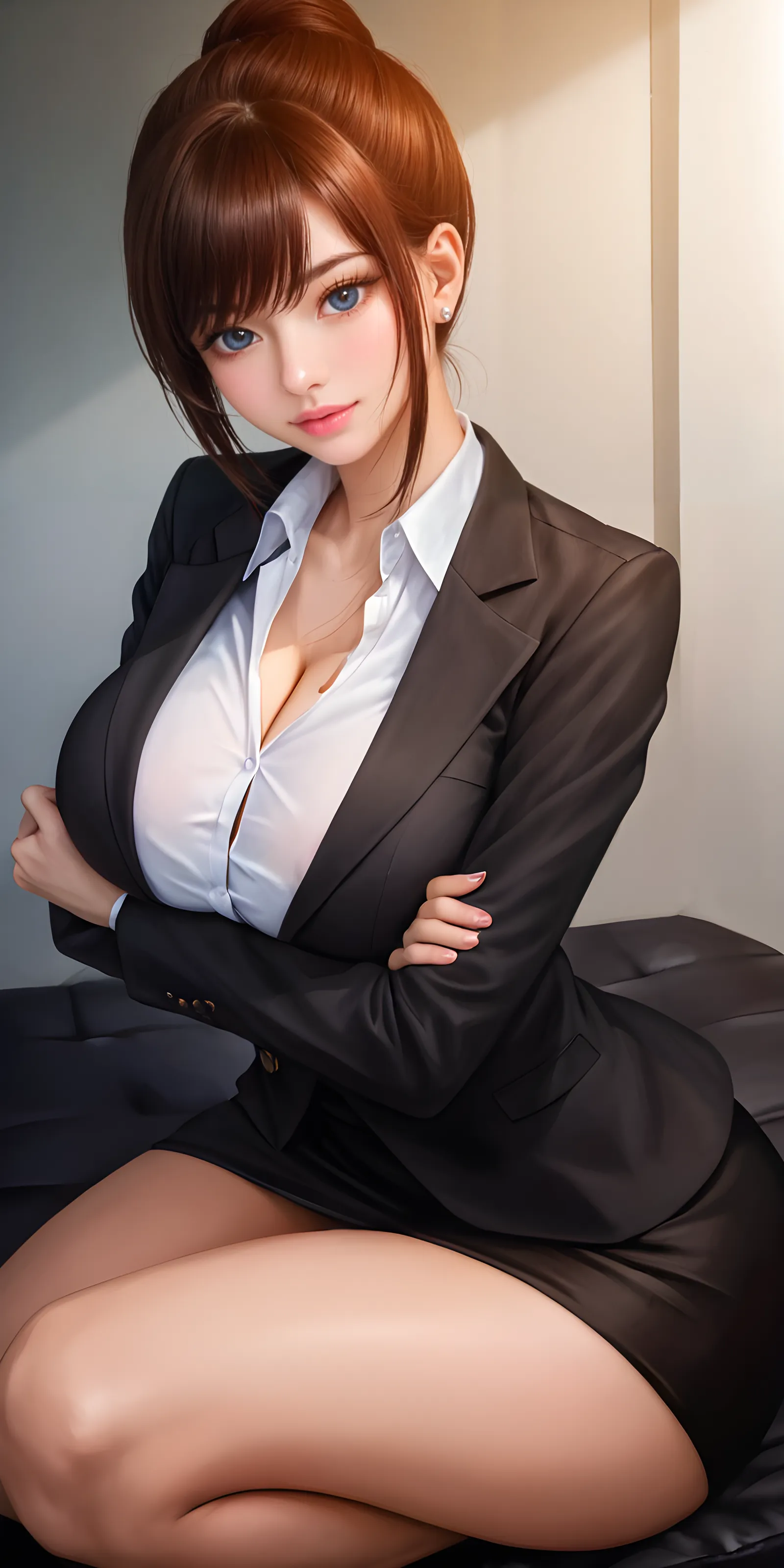 (masterpiece:1.2, best quality), 1girl, slender, brown eyes, sharp eyes, big_breast, shiny skin,facing viewer, from above, white shirt, areola slip, down blouse, embarrassed, in living room