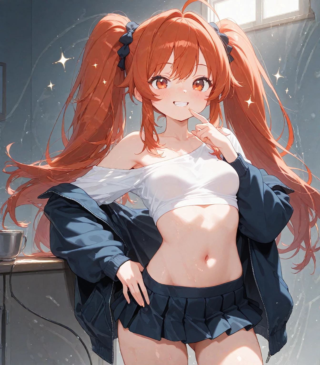 ((8k, Highest quality, masterpiece: 1.3)),Ultra-high resolution,(1 girl, alone), (Color changing eyes, Ultra-detailed, Expressive brilliance, Glitter, Glowing Eyes), Highly detailed eyes, Highly detailed face, Random Hair, ((pastel colour)), In the intimate setting of her bedroom, a young woman with pastel orange hair tied into a loose ponytail is seen wearing a vibrant red bikini. The room is bathed in the warm glow of sunset, casting long shadows across the walls. She stands with one hand on her hip, the other raised as she playfully adjusts her ponytail, her posture exuding confidence. The camera angle is slightly from below, capturing her from a side angle, which enhances the allure of the scene.