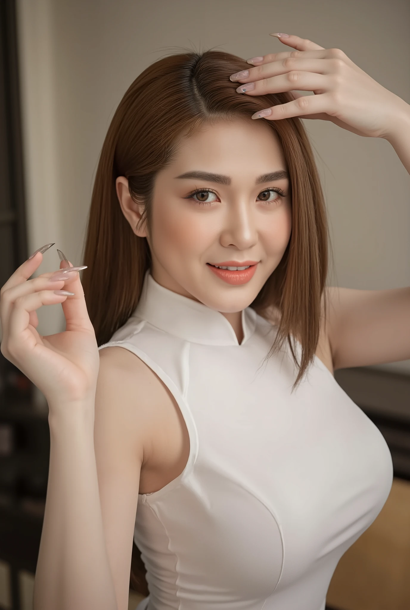 ((Spectral Glow:1.3), (Masterpiece, Top Quality, Amazing Quality, Very Beautiful, High Resolution, Ultra Detail, Raw, Realistic, Intricate Detail, Reflection, Absurd, Latest), (Dynamic Angle, Background Blur, rating_explicit, Anatomy According to perfect hands, 5 fingers, slim body beauty), (soft lighting, studio shot, simple background, , Canon EOS R5, 50mm lens, f/2.8, HDR, 8k resolution, ray tracing), VIETNAM BEAUTIFUL GIRL WEAR WHITE (((SATIN SILK)) AODAI) , VIETNAMESE, ((tet holiday in vietnam)), 4k, masterpiece,, stunning beautiful idol detailed face, all body , (vietnam model girl), sexy, see-though clothes, light smile, make up, Large Breasts, At Livingroom