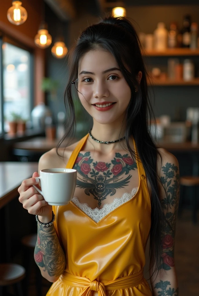 A highly realistic and detailed image of a young Chinese woman, around 23 years old, with huge saggy breasts, white skin. She has straight, shoulder-length black hair and stands confidently in front of a modern coffee shop on a sunny day. She is 160 cm tall with a well-toned and curvy figure, plump body, dressed in black open toe high heels, a fitted red bra that reveals her navel and subtle cleavage, and a hotpants. Showing her white and bulky tigh, A delicate butterfly tattoo is visible on her left breast and flower tatto on her tigh, . She smiles warmly while holding a smoking coffee cup, with her black-painted nails visible on both hands and feet. The scene captures the welcoming atmosphere of the coffee shop's outdoor patio, with natural light highlighting her features and the details of her outfit.