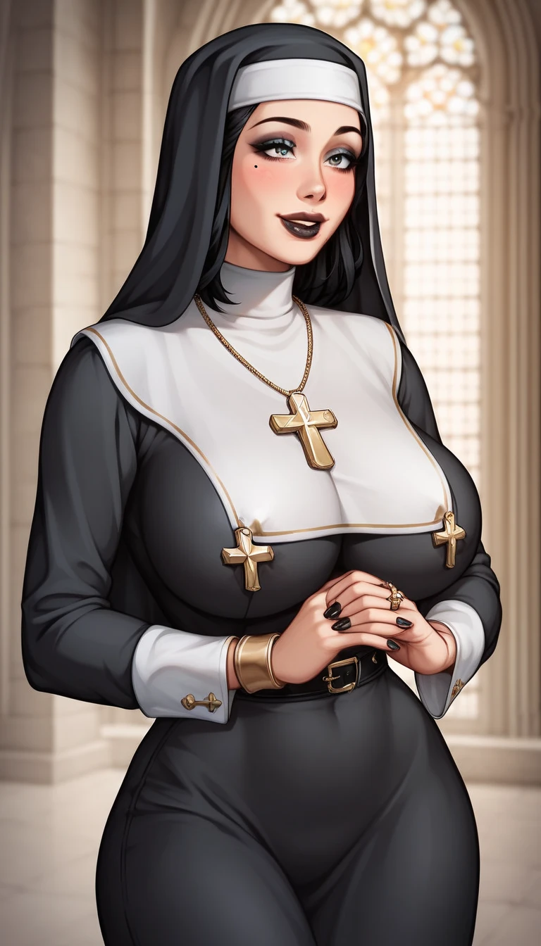 nun, cleavage, fishnet stockings