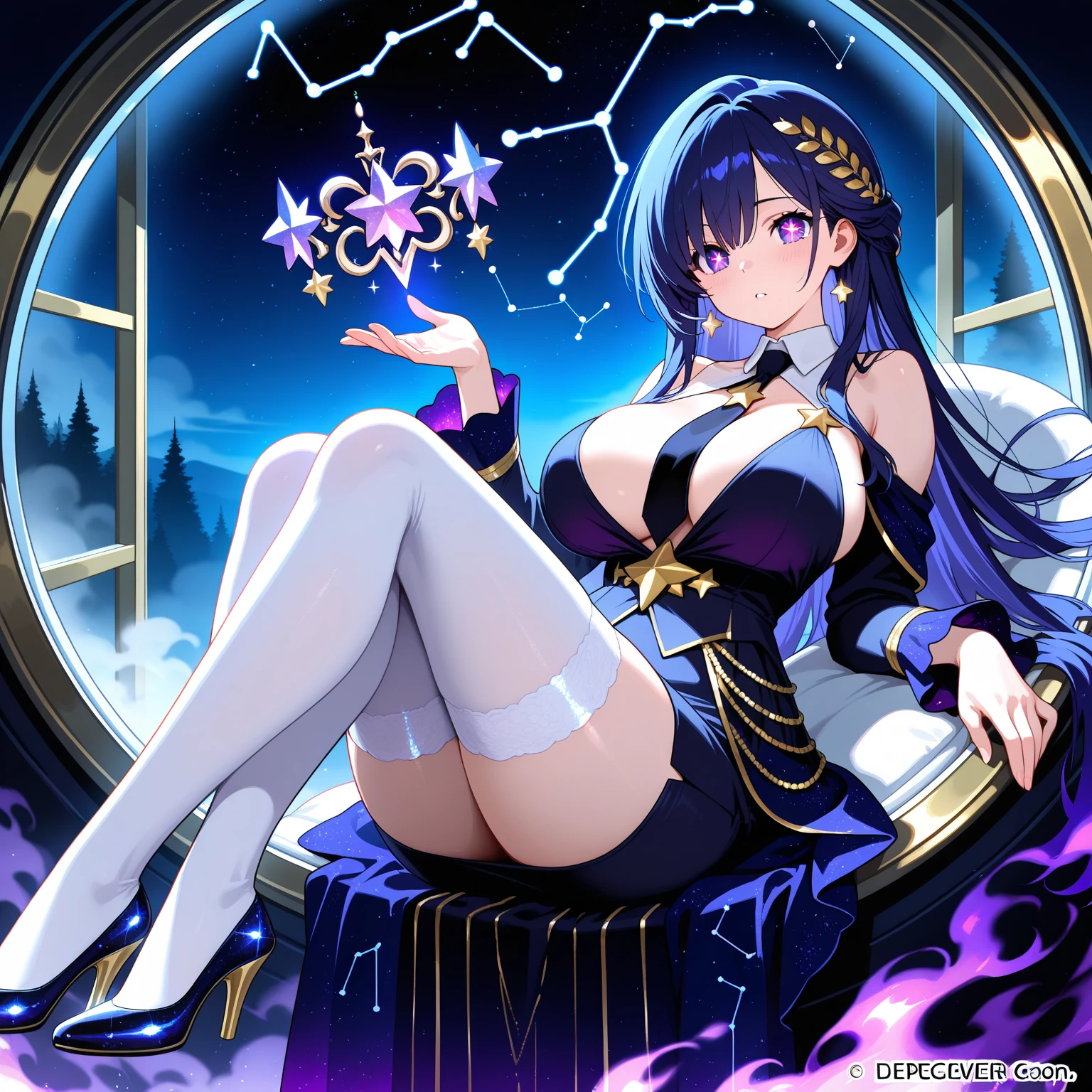 girl、High resolution、amazing background、A space with a fantastic atmosphere、Sorcerer's clothes、revealing clothes、big breasts、swimsuit、Cool magic circle behind