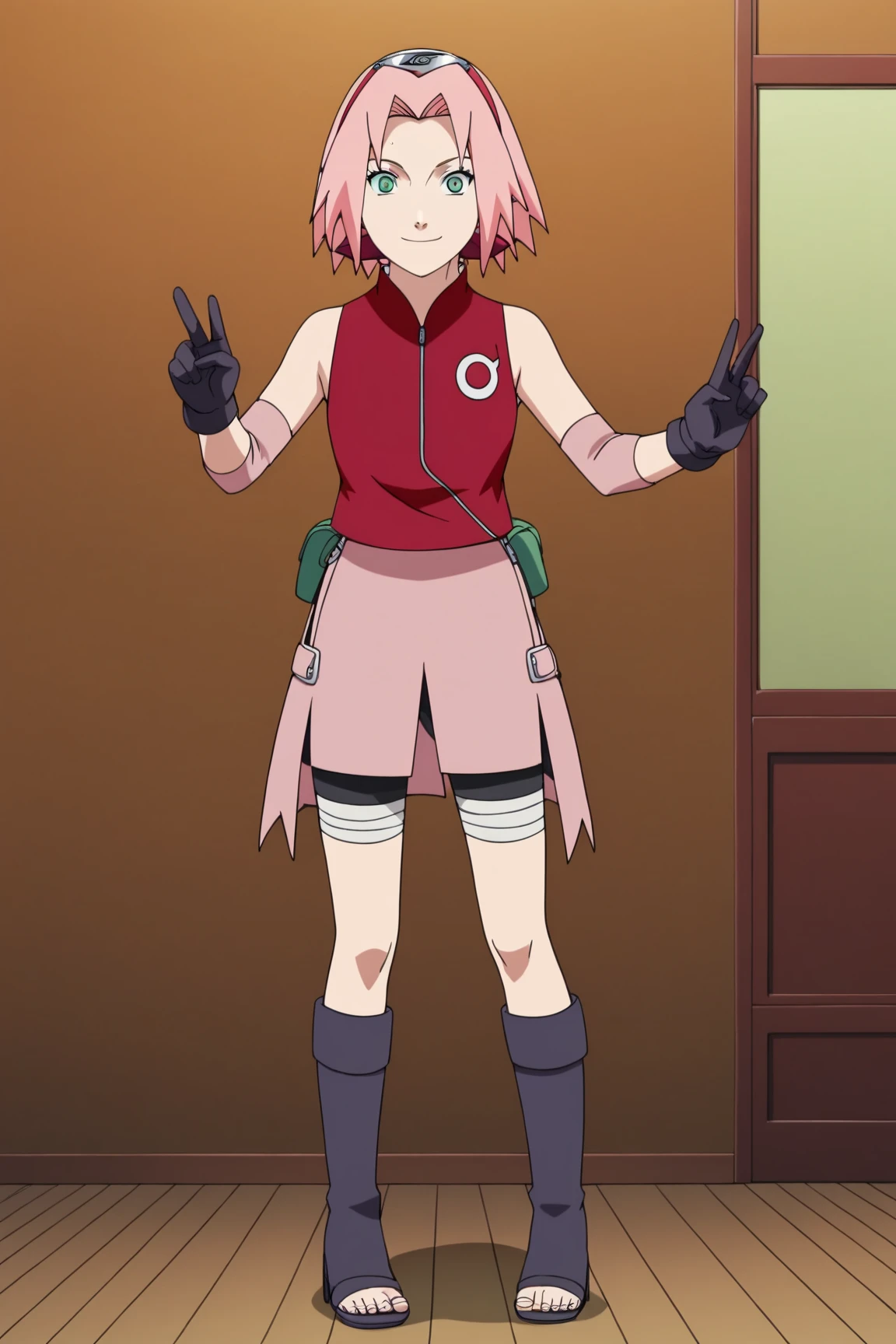 rating_questionable, BREAK, sakura haruno, pink hair, short hair, parted bangs, red hairband, green eyes, rating_questionable, source_anime, BREAK 1girl, solo, green eyes, looking at viewer, smile, closed mouth, konohagakure village living room, ((((Special style illustrations:1.0)))),best quality,Best Animation,Create masterpieces,Ray Tracing,Sakura Haruno , High quality, (photoreal: 1.3),Exquisite details, (Highly refined skin: 1.2), (best quality: 1.0), (Ultra-high resolution: 1.0), wide hips , abdomen , sexy, Official anime artwork , anime screencap , anime coloring , masterpiece , best quality , 1girl , solo , sakura haruno , pink hair , green eyes , short hair , shinobi outfit , gloves , shorts , grey boots , boots , heels , heeled boots , bike shorts , toeless footwear, birthday party, inviting, standing