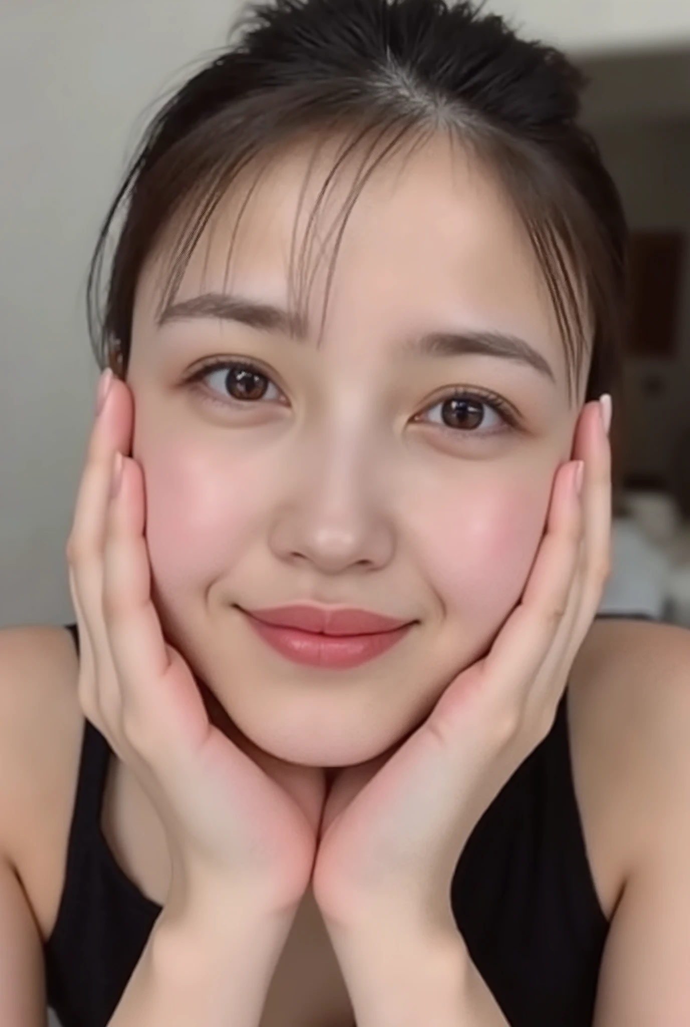 extreme close-up portrait, beautiful girl with her love-struck, radiant face filling the entire frame (95% face ratio), gently placing both open hands on her flushed cheeks with soft fingers, soft black camisole, white blurred background, eyes dreamy and half-lidded, deeply adoring gaze fixed straight at the viewer, irises ultra-detailed with intricate rainbow reflections and glowing catchlights, moist and sparkling eyes as if about to tear up from overwhelming joy, soft melting smile revealing slightly parted lips and upper teeth, skin with visible soft pores, realistic skin texture with warm lighting and subtle shadows, delicate eyelashes, glossy lips with natural highlights, cheeks glowing with deep blush, cinematic soft lighting, lifelike expression full of romantic euphoria, overflowing with happiness, warmth, and pure affection, subtly tilting her head as if whispering a name in total bliss, ultra photorealistic, masterpiece, 8K, hyperreal detail, skin pores, detailed iris texture, cinematic mood
