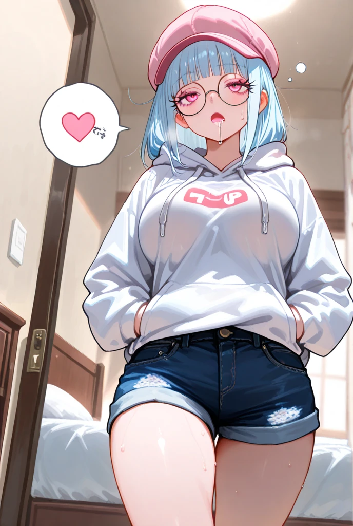 masutepiece,Best Quality,((Forehead)),(((Very small breasts))),40 years,1lady,Solo,Fashionable glasses,((White hair)),((Very Shorthair)),Blue Pupils,Larger hoodie,damage jeans,very slender figure,(slightly plump thighs),Twilight